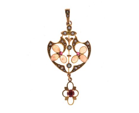 Edwardian opal, seed pearl and ruby pendant, tagged '9c' with a replacement paste drop beneath, 4.9cm long, 2.2g gross approx