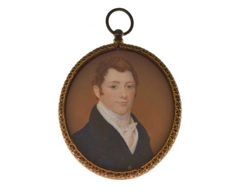 19th Century English School oval portrait miniature of 'Arthur Pott Esq.' wearing a navy blue high collared jacket and cravat