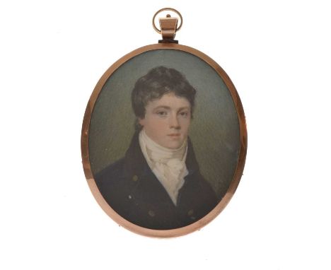 19th Century English School oval portrait miniature of a gentleman wearing a navy blue high collared jacket and cravat, paint