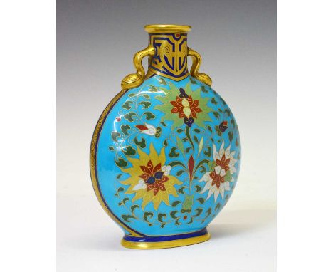 Aesthetic influence twin handled moon flask, in the style of Dr Christopher Dresser, painted and gilded with cloisonné-style 