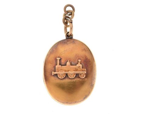 New Zealand interest: 19th Century gold locket with Railway inscription, the oval locket with an applied image of a locomotiv