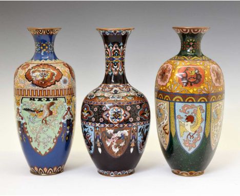 Three Japanese Meiji period cloisonné enamel vases, comprising one of octagonal ovoid form decorated with stylised lozenges a