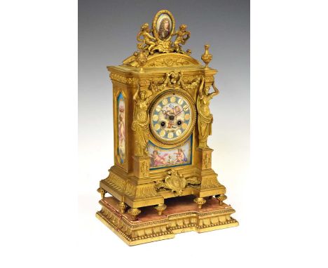 Mid 19th Century French Sèvres-style porcelain-mounted mantel clock, the 3.25-inch circular dial with bleu celeste ground gil