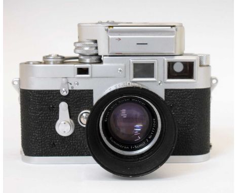 Leica M3 camera with Leica Metre M and Ernst Leitz Wetzlar Summicron F=5cm nr.1173048 lens, with brown leather travel case