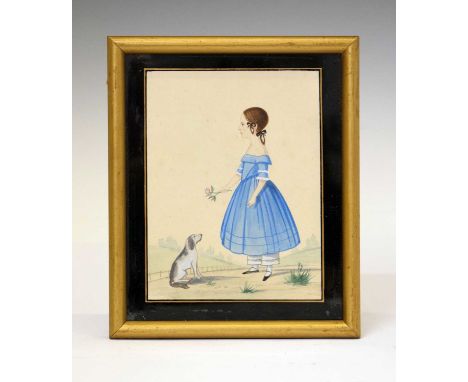 Early to mid 19th Century watercolour miniature of a young lady with dog, 12.5cm x 9cm, in verre églomisé surround and gilt f