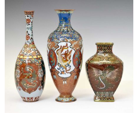 Three Japanese Meiji period aventurine ground cloisonné enamel vases, comprising ovoid pedestal vase, decorated with panels o