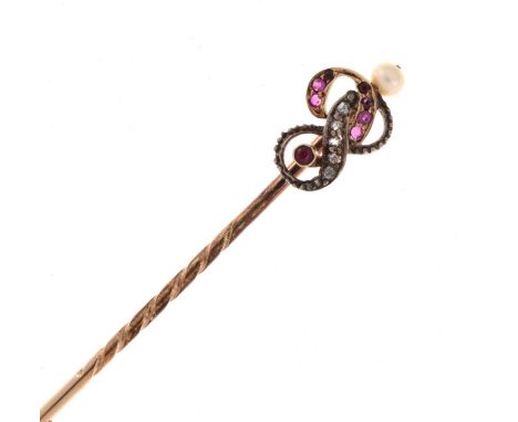 A diamond, pearl and stone set stick pin, cased (pearl untested and unwarranted)