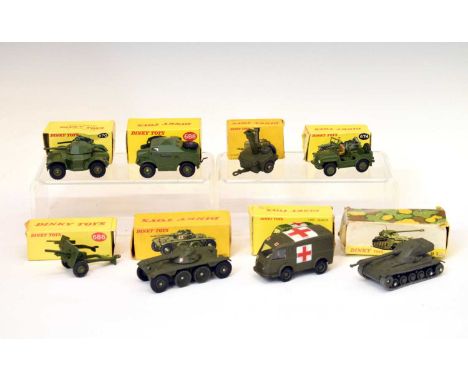 Dinky Toys - Eight boxed military themed diecast model vehicles comprising; 670 'Armoured Car', 674 'Austin Champ', 686 'Cano