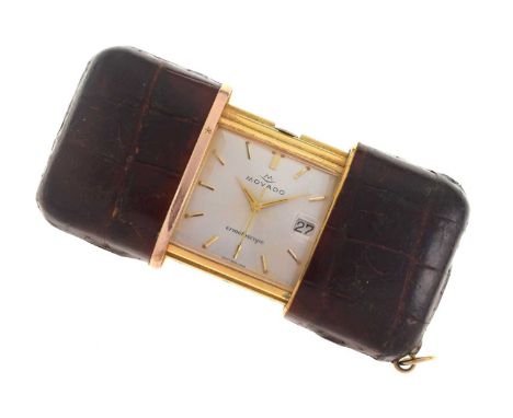 Movado 'Ermetoscope', a gold plate purse watch, the leather covered pull apart case with winding action, the dial with date w