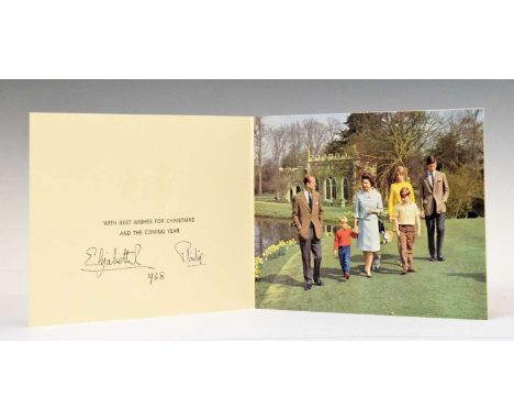 Royal Interest - 1968 Christmas card with twin gilt Royal cyphers to cover, colour photographic print of the Royal Family wal