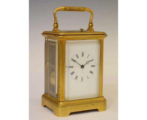 19th Century French brass repeater carriage clock, the white Roman dial with Breguet-style moon hands, the replaced lever pla