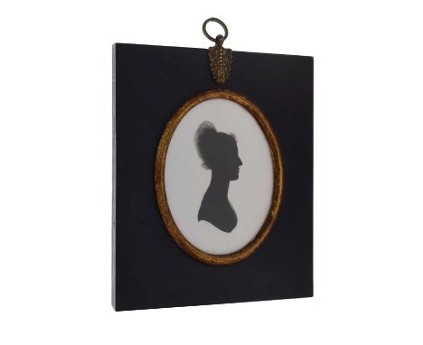 Oval silhouette on plaster of a lady, in profile with tied hair, facing to sinister, printed backing verso states 'Miers &amp