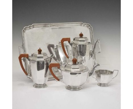 George VI, silver four-piece tea and coffee set with matching rectangular two-handled tray, Sheffield 1947/48, sponsor's mark