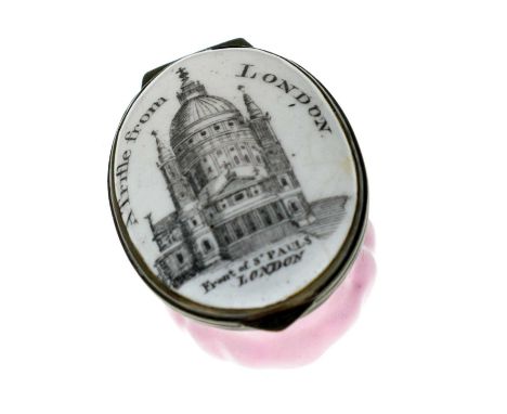 George III enamel oval patch box of Bilston type, the cover printed with the front elevation of St. Paul’s Cathedral and insc