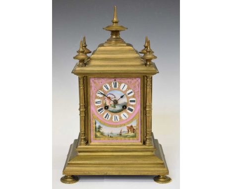 Late 19th Century French brass and porcelain mantel clock, with cellular Roman dial reserved on a pink ground with painted me