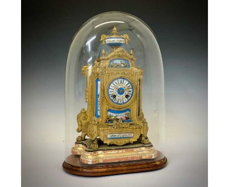 Late 19th Century French gilt spelter and porcelain mounted mantel clock, with 3-inch cellular Roman dial, the lower panel de