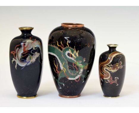 Early 20th Century Japanese cloisonné enamel vase, of ovoid form, decorated with a dragon on a black ground with aventurine i