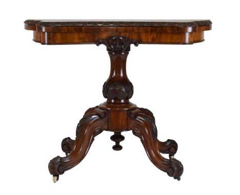 Victorian figured walnut card table, the shaped hinged top with baize lined interior and stipple decorative border over folia