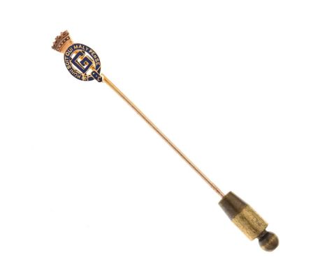 Royal Interest - Unmarked yellow metal and blue enamel stick pin, the emblem of an oval garter surrounding a 'G' with a crown