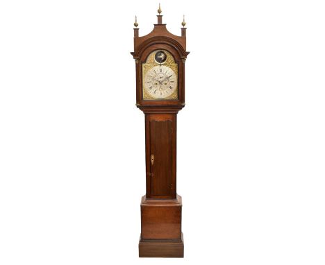 George III oak-cased 8-day brass dial longcase clock with unusual spherical lunar calendar, the 13-inch break-arched two-piec