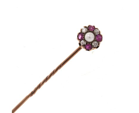 A diamond, ruby and pearl cluster stick pin, the cluster is detachable, cased (pearl untested and unwarranted)