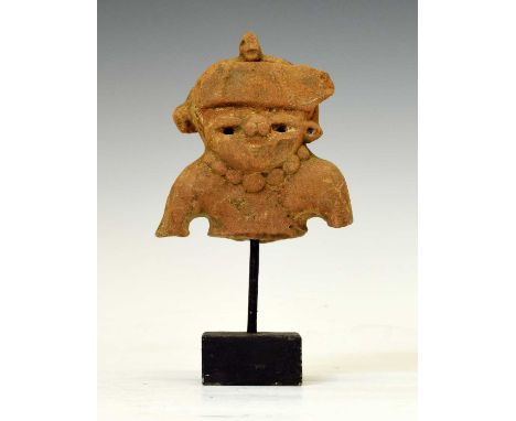 Pre Columbian (Mayan) terracotta figure, modelled wearing a headdress and bead necklace, 11cm, on metal stand, 18.5cm overall
