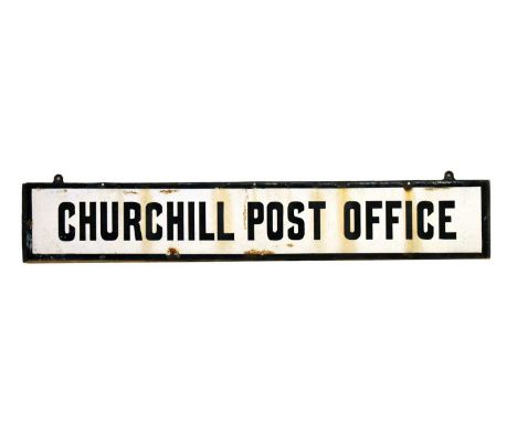 Early 20th Century enamel sign - 'Churchill Post Office', mounted on rectangular wooden panel, 123cm x 21.5cm