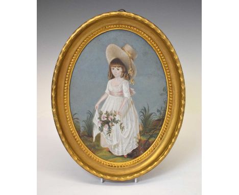 Early 19th Century English School - Oil on sheet metal - Portrait of a young girl in white muslin dress and broad hat, carryi