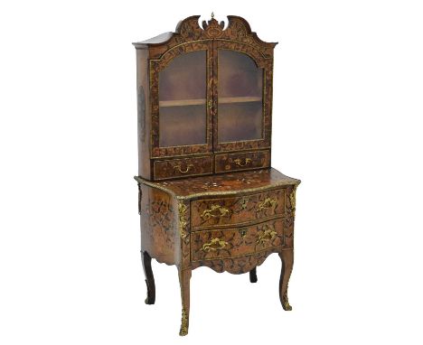 Dutch marquetry cabinet on chest, 18th Century and later, of small proportions, the superstructure with arched broken pedimen