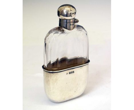 Edward VII silver mounted hip flask having an oval glass body with a removable silver cup and hinged screw cover, London 1901