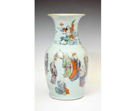 Chinese Canton Famille Rose porcelain vase, of baluster form with flared neck gilded and painted with figures and musicians, 