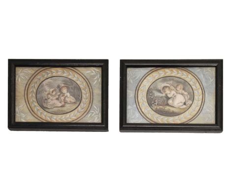 Attributed to William Marshall Craig, (Exh. 1788-1827) - Pair of George III oval watercolours of children and pets, the first
