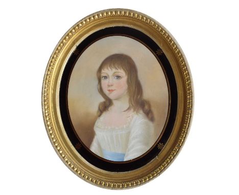 19th Century English School - Pastel on paper - Oval portrait of a young girl, bust-length in white muslin dress with pale bl