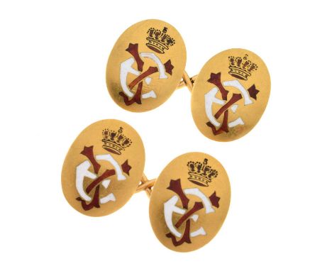 Pair of gold and enamel cufflinks, circa 1890, stamped '18', monogrammed with a coronet above, approximately 11.5g gross appr