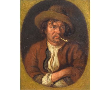 19th Century Flemish School - Oil on panel - Portrait of a man with pipe, depicted with brimmed hat, arms folded, smoking a c