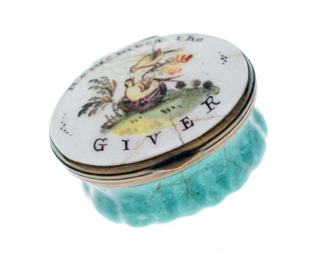 George III enamel oval patch box of Bilston type, the cover painted with birds nesting on a branch and with printed inscripti