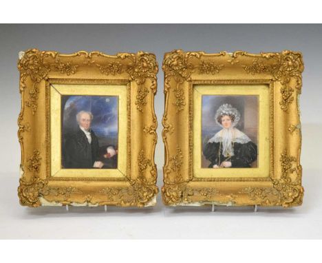 Attributed to William Hudson, (fl. 1803-1846) - Pair of William IV portrait miniatures on ivory depicting a man and wife, he 