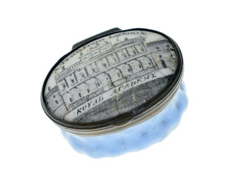 George III enamel oval patch box of Bilston type, the cover printed with the front elevation of the Royal Academy and inscrib