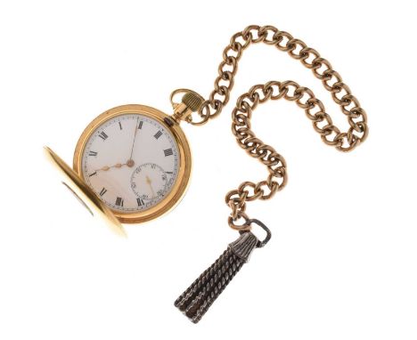 Anonymous, 18ct gold half-hunter pocket watch, unsigned white enamel dial with black Roman numerals, gilt hands, subsidiary s