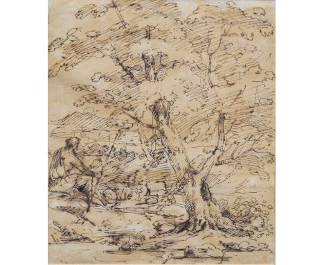 Follower of Salvator Rosa (Italian, 1615-1673) - Sepia ink - Figure seated beside a tree in a landscape, inscribed verso 'Ann