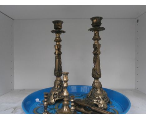 tray of brass candlesticks & nutcracker