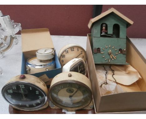 tray of vintage alarm clocks inc weather house