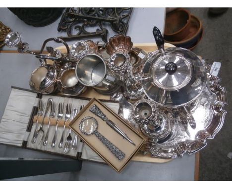 tray of metalware inc candlestick, and fruit forks