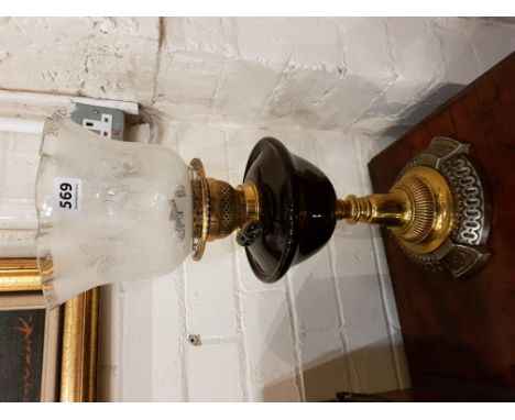 VICTORIAN OIL LAMP WITH AMETHYST BOWL & ANTIQUE ETCHED SHADE