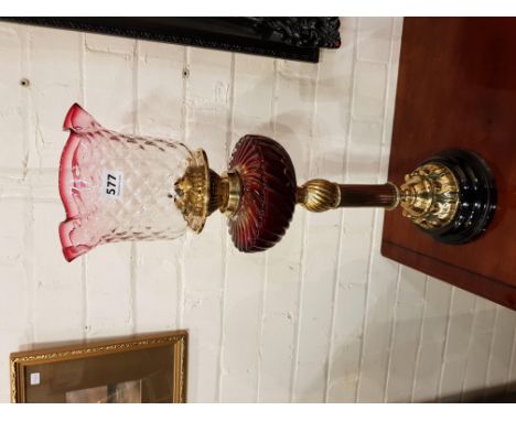 VICTORIAN OIL LAMP ON CORINTHIAN COLUMN WITH SHAMROCK BASE 