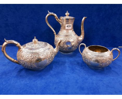 HEAVILY DECORATED 3 PIECE SILVER TEA SERVICE - LONDON 1882/83 MADE BY JOHN ALDWINCKLE & THOMAS SLATER