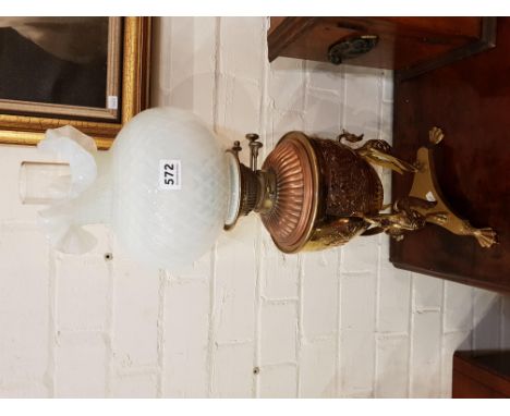 VICTORIAN OIL LAMP ON ORNATE BRASS BASE