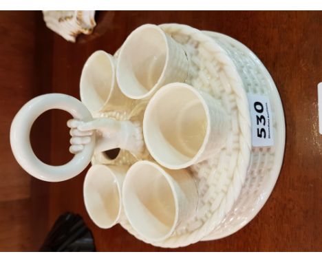EARLY BELLEEK EGG CUPS AND HOLDER