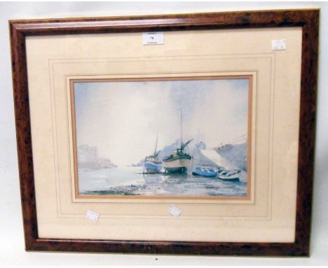 Claude Kitto: a framed faded coloured print, depicting a harbour scene