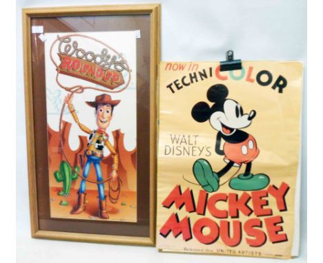A framed W.D.P. coloured print, depicting Toy Story character Woody - sold with an unframed reproduction Mickey Mouse poster